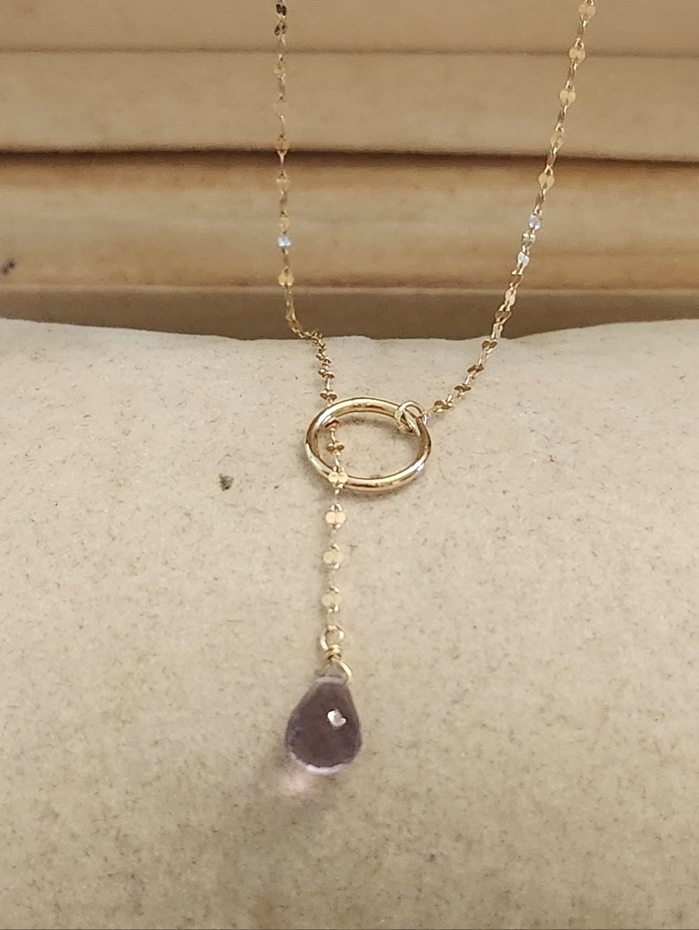 14kt Gold Y-Style Necklace with Amethyst  Teardrop Pendant
